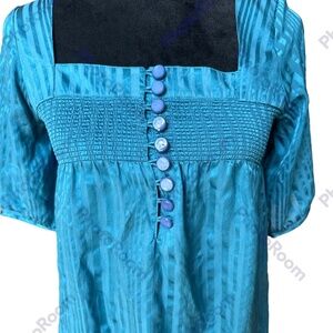 Fossil Women's Teal Striped Silk Sheer Short Sleeve Blouse Size Small